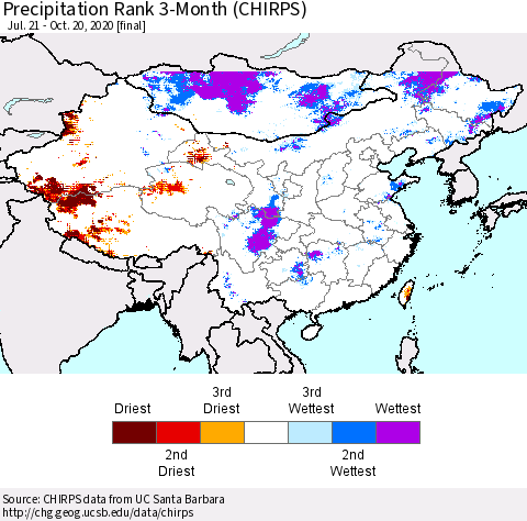 China, Mongolia and Taiwan Precipitation Rank since 1981, 3-Month (CHIRPS) Thematic Map For 7/21/2020 - 10/20/2020