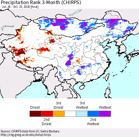 China, Mongolia and Taiwan Precipitation Rank since 1981, 3-Month (CHIRPS) Thematic Map For 7/26/2020 - 10/25/2020