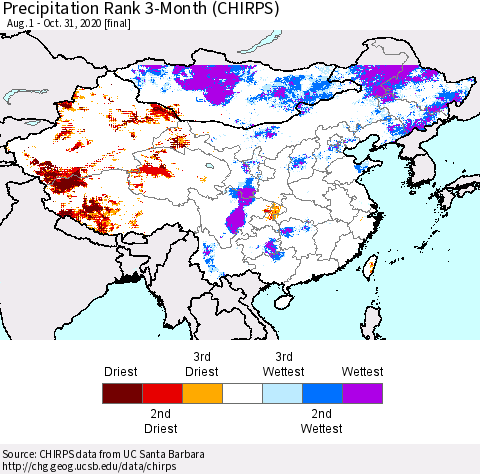 China, Mongolia and Taiwan Precipitation Rank since 1981, 3-Month (CHIRPS) Thematic Map For 8/1/2020 - 10/31/2020