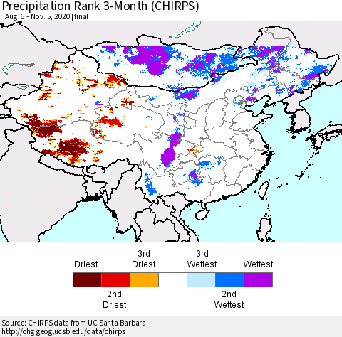 China, Mongolia and Taiwan Precipitation Rank since 1981, 3-Month (CHIRPS) Thematic Map For 8/6/2020 - 11/5/2020