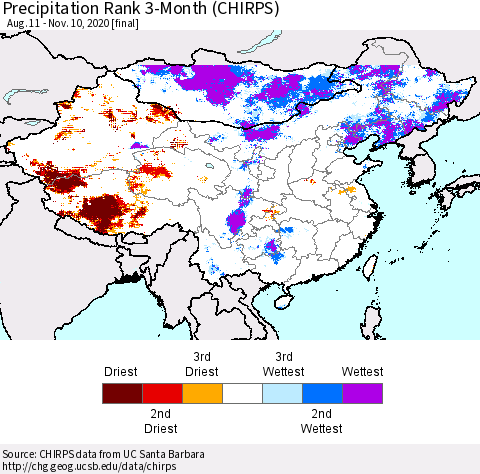 China, Mongolia and Taiwan Precipitation Rank since 1981, 3-Month (CHIRPS) Thematic Map For 8/11/2020 - 11/10/2020