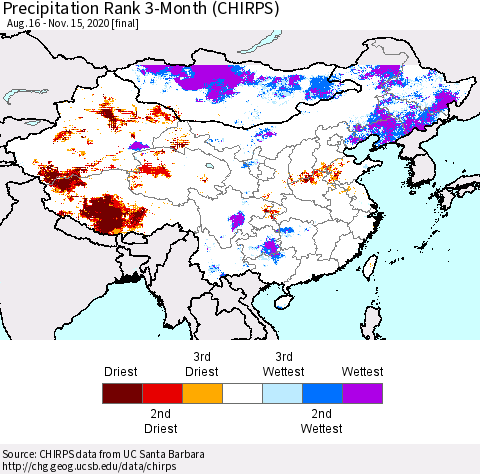China, Mongolia and Taiwan Precipitation Rank since 1981, 3-Month (CHIRPS) Thematic Map For 8/16/2020 - 11/15/2020