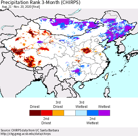 China, Mongolia and Taiwan Precipitation Rank since 1981, 3-Month (CHIRPS) Thematic Map For 8/21/2020 - 11/20/2020
