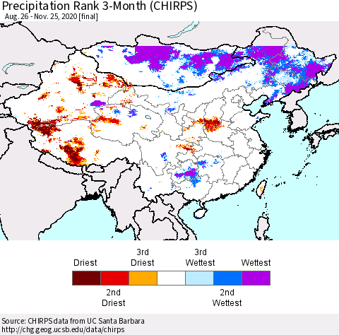 China, Mongolia and Taiwan Precipitation Rank since 1981, 3-Month (CHIRPS) Thematic Map For 8/26/2020 - 11/25/2020