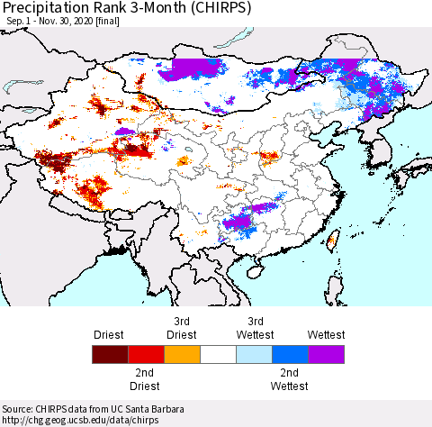 China, Mongolia and Taiwan Precipitation Rank since 1981, 3-Month (CHIRPS) Thematic Map For 9/1/2020 - 11/30/2020