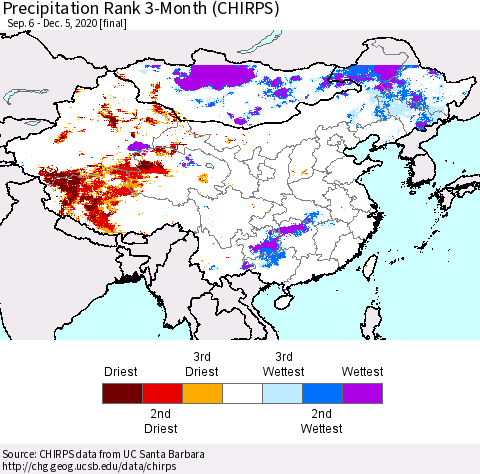 China, Mongolia and Taiwan Precipitation Rank since 1981, 3-Month (CHIRPS) Thematic Map For 9/6/2020 - 12/5/2020