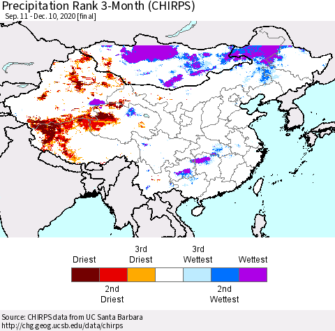 China, Mongolia and Taiwan Precipitation Rank since 1981, 3-Month (CHIRPS) Thematic Map For 9/11/2020 - 12/10/2020