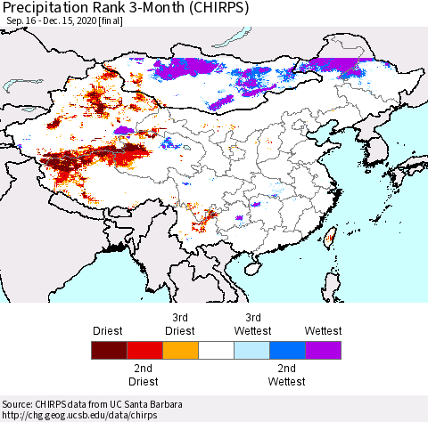 China, Mongolia and Taiwan Precipitation Rank since 1981, 3-Month (CHIRPS) Thematic Map For 9/16/2020 - 12/15/2020