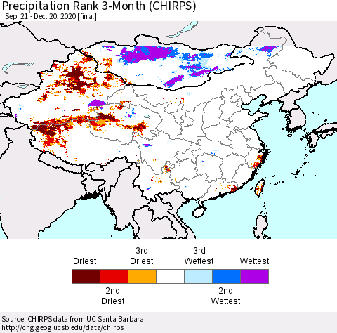 China, Mongolia and Taiwan Precipitation Rank since 1981, 3-Month (CHIRPS) Thematic Map For 9/21/2020 - 12/20/2020