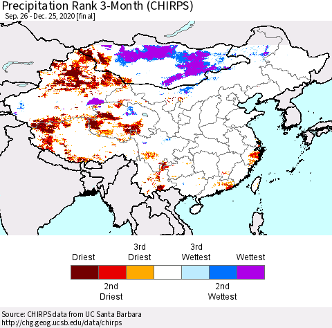 China, Mongolia and Taiwan Precipitation Rank since 1981, 3-Month (CHIRPS) Thematic Map For 9/26/2020 - 12/25/2020