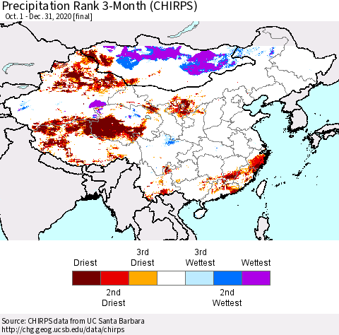 China, Mongolia and Taiwan Precipitation Rank since 1981, 3-Month (CHIRPS) Thematic Map For 10/1/2020 - 12/31/2020