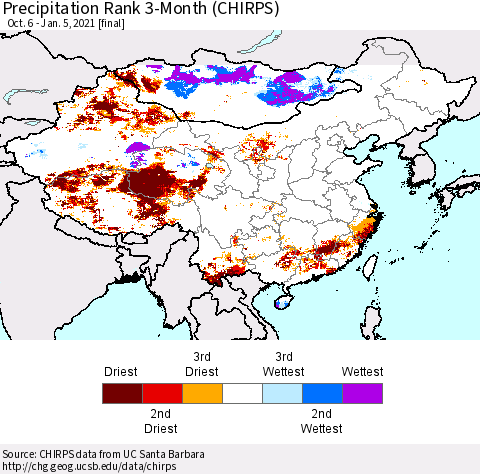 China, Mongolia and Taiwan Precipitation Rank since 1981, 3-Month (CHIRPS) Thematic Map For 10/6/2020 - 1/5/2021