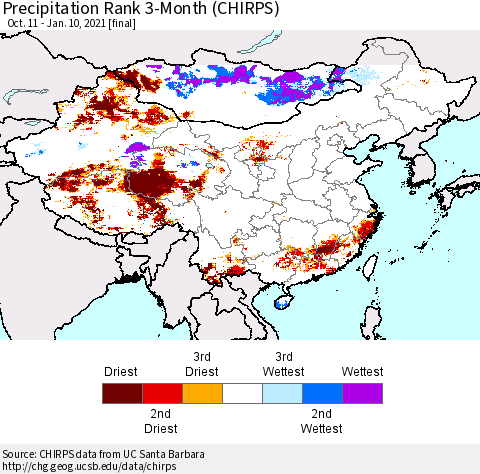 China, Mongolia and Taiwan Precipitation Rank since 1981, 3-Month (CHIRPS) Thematic Map For 10/11/2020 - 1/10/2021