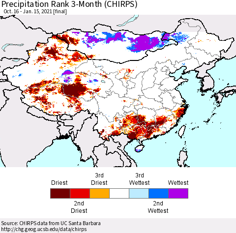 China, Mongolia and Taiwan Precipitation Rank since 1981, 3-Month (CHIRPS) Thematic Map For 10/16/2020 - 1/15/2021