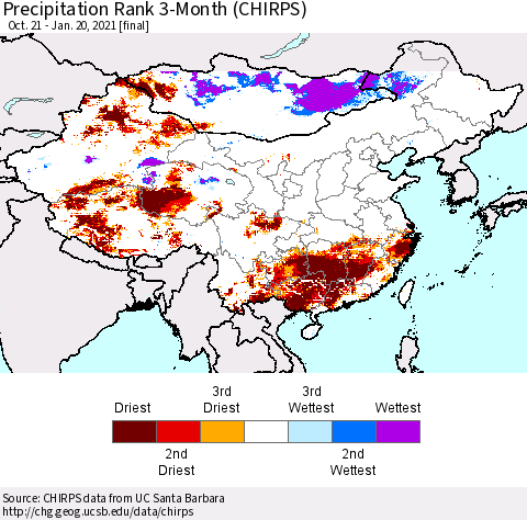 China, Mongolia and Taiwan Precipitation Rank since 1981, 3-Month (CHIRPS) Thematic Map For 10/21/2020 - 1/20/2021