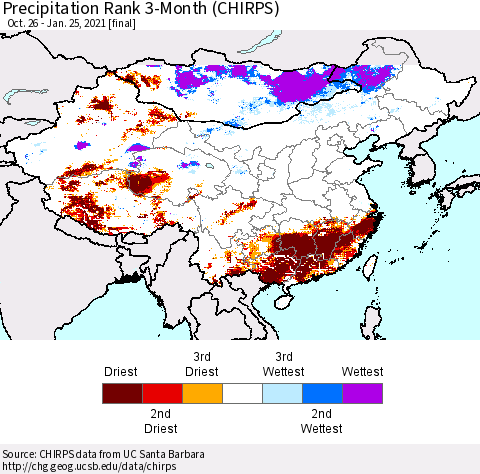 China, Mongolia and Taiwan Precipitation Rank since 1981, 3-Month (CHIRPS) Thematic Map For 10/26/2020 - 1/25/2021