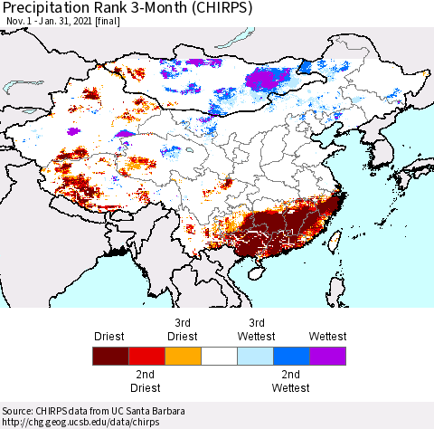 China, Mongolia and Taiwan Precipitation Rank since 1981, 3-Month (CHIRPS) Thematic Map For 11/1/2020 - 1/31/2021