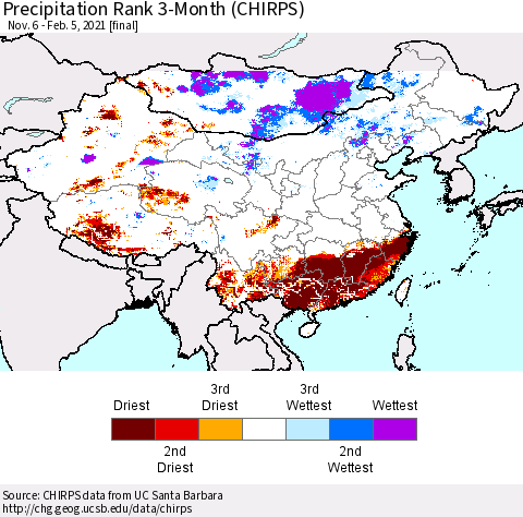 China, Mongolia and Taiwan Precipitation Rank since 1981, 3-Month (CHIRPS) Thematic Map For 11/6/2020 - 2/5/2021