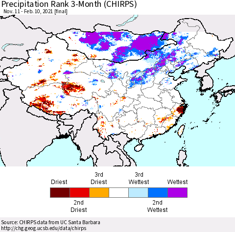 China, Mongolia and Taiwan Precipitation Rank since 1981, 3-Month (CHIRPS) Thematic Map For 11/11/2020 - 2/10/2021