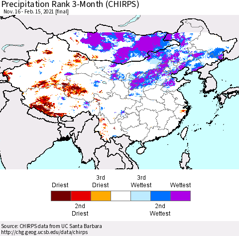China, Mongolia and Taiwan Precipitation Rank since 1981, 3-Month (CHIRPS) Thematic Map For 11/16/2020 - 2/15/2021