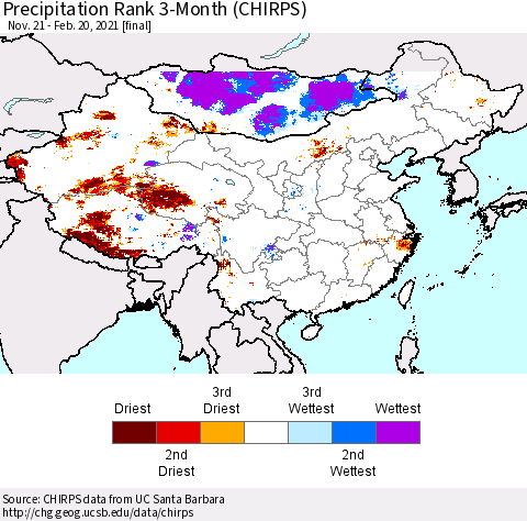 China, Mongolia and Taiwan Precipitation Rank since 1981, 3-Month (CHIRPS) Thematic Map For 11/21/2020 - 2/20/2021