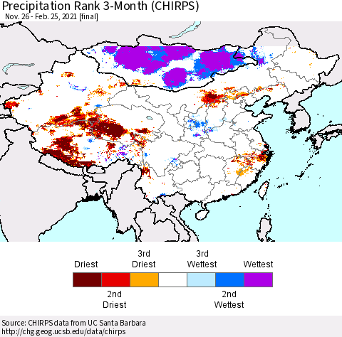 China, Mongolia and Taiwan Precipitation Rank since 1981, 3-Month (CHIRPS) Thematic Map For 11/26/2020 - 2/25/2021