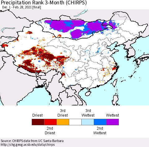 China, Mongolia and Taiwan Precipitation Rank since 1981, 3-Month (CHIRPS) Thematic Map For 12/1/2020 - 2/28/2021