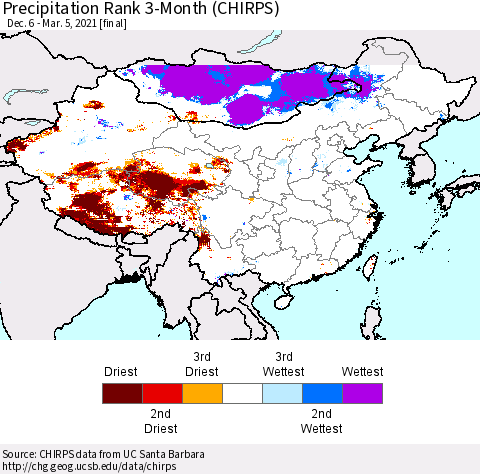 China, Mongolia and Taiwan Precipitation Rank since 1981, 3-Month (CHIRPS) Thematic Map For 12/6/2020 - 3/5/2021