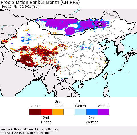 China, Mongolia and Taiwan Precipitation Rank since 1981, 3-Month (CHIRPS) Thematic Map For 12/11/2020 - 3/10/2021