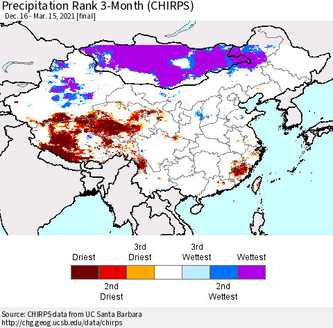 China, Mongolia and Taiwan Precipitation Rank since 1981, 3-Month (CHIRPS) Thematic Map For 12/16/2020 - 3/15/2021