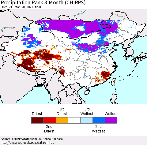 China, Mongolia and Taiwan Precipitation Rank since 1981, 3-Month (CHIRPS) Thematic Map For 12/21/2020 - 3/20/2021