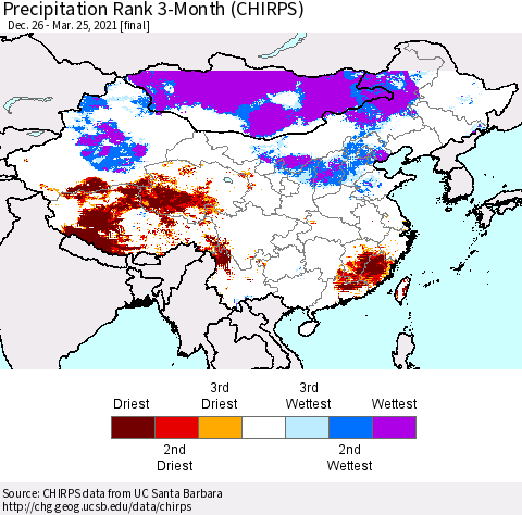 China, Mongolia and Taiwan Precipitation Rank since 1981, 3-Month (CHIRPS) Thematic Map For 12/26/2020 - 3/25/2021