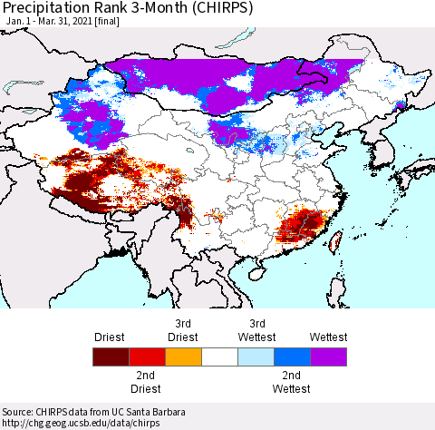 China, Mongolia and Taiwan Precipitation Rank since 1981, 3-Month (CHIRPS) Thematic Map For 1/1/2021 - 3/31/2021