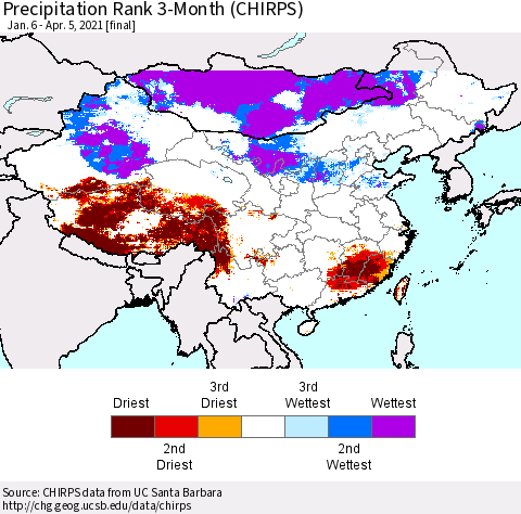 China, Mongolia and Taiwan Precipitation Rank since 1981, 3-Month (CHIRPS) Thematic Map For 1/6/2021 - 4/5/2021