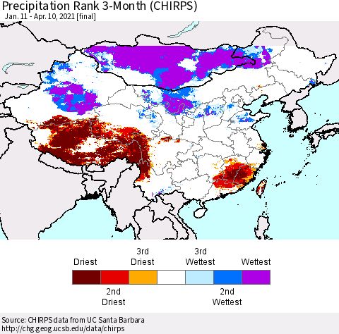 China, Mongolia and Taiwan Precipitation Rank since 1981, 3-Month (CHIRPS) Thematic Map For 1/11/2021 - 4/10/2021