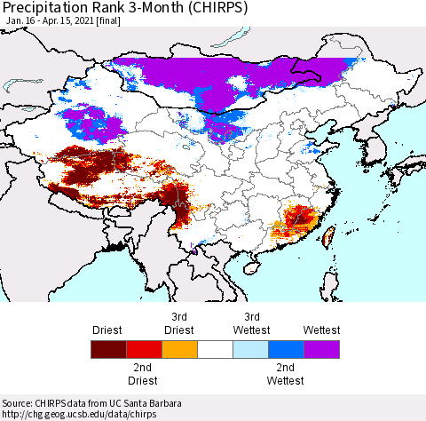 China, Mongolia and Taiwan Precipitation Rank since 1981, 3-Month (CHIRPS) Thematic Map For 1/16/2021 - 4/15/2021