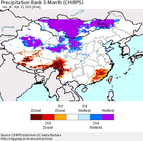 China, Mongolia and Taiwan Precipitation Rank since 1981, 3-Month (CHIRPS) Thematic Map For 1/26/2021 - 4/25/2021