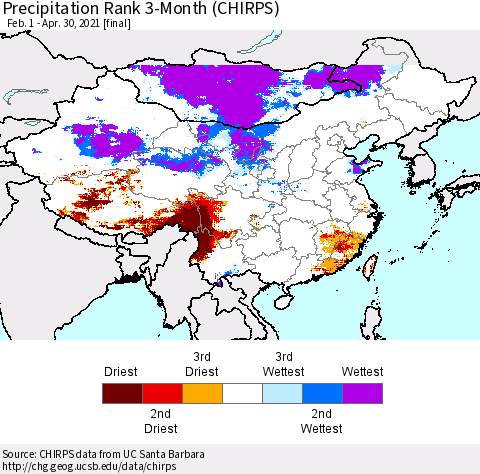 China, Mongolia and Taiwan Precipitation Rank since 1981, 3-Month (CHIRPS) Thematic Map For 2/1/2021 - 4/30/2021