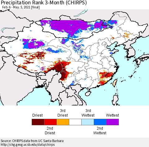 China, Mongolia and Taiwan Precipitation Rank since 1981, 3-Month (CHIRPS) Thematic Map For 2/6/2021 - 5/5/2021