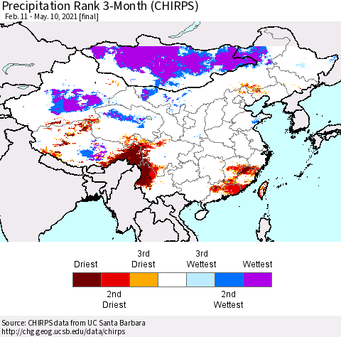 China, Mongolia and Taiwan Precipitation Rank since 1981, 3-Month (CHIRPS) Thematic Map For 2/11/2021 - 5/10/2021