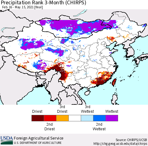 China, Mongolia and Taiwan Precipitation Rank since 1981, 3-Month (CHIRPS) Thematic Map For 2/16/2021 - 5/15/2021