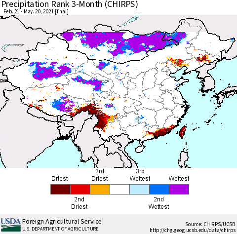 China, Mongolia and Taiwan Precipitation Rank since 1981, 3-Month (CHIRPS) Thematic Map For 2/21/2021 - 5/20/2021