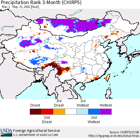 China, Mongolia and Taiwan Precipitation Rank since 1981, 3-Month (CHIRPS) Thematic Map For 3/1/2021 - 5/31/2021