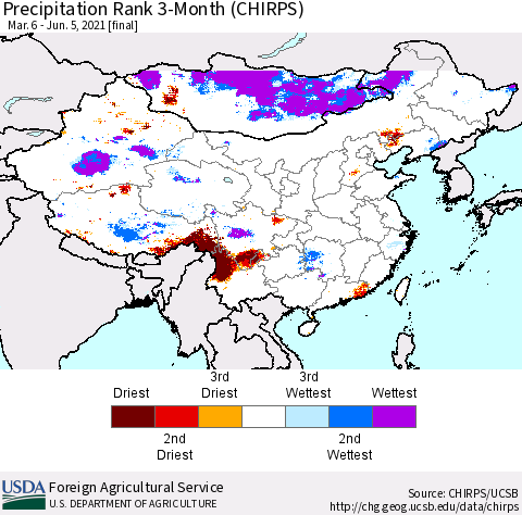 China, Mongolia and Taiwan Precipitation Rank since 1981, 3-Month (CHIRPS) Thematic Map For 3/6/2021 - 6/5/2021