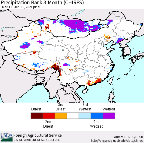 China, Mongolia and Taiwan Precipitation Rank since 1981, 3-Month (CHIRPS) Thematic Map For 3/11/2021 - 6/10/2021