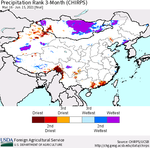 China, Mongolia and Taiwan Precipitation Rank since 1981, 3-Month (CHIRPS) Thematic Map For 3/16/2021 - 6/15/2021