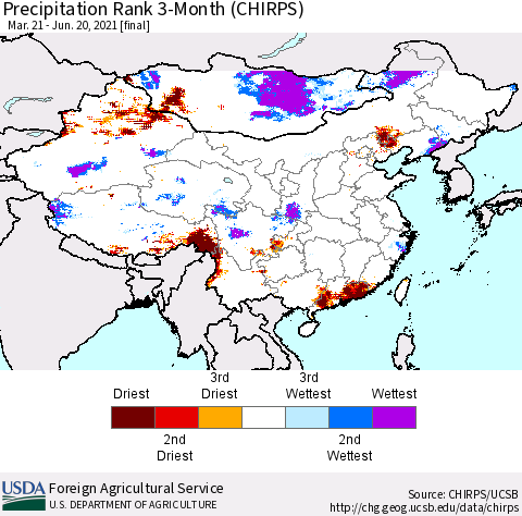 China, Mongolia and Taiwan Precipitation Rank since 1981, 3-Month (CHIRPS) Thematic Map For 3/21/2021 - 6/20/2021