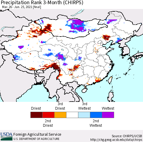 China, Mongolia and Taiwan Precipitation Rank since 1981, 3-Month (CHIRPS) Thematic Map For 3/26/2021 - 6/25/2021