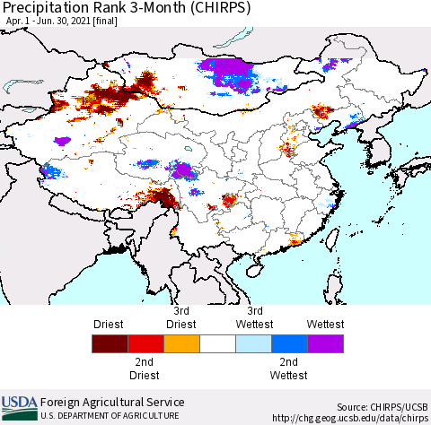 China, Mongolia and Taiwan Precipitation Rank since 1981, 3-Month (CHIRPS) Thematic Map For 4/1/2021 - 6/30/2021