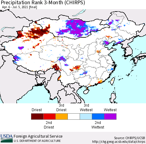 China, Mongolia and Taiwan Precipitation Rank since 1981, 3-Month (CHIRPS) Thematic Map For 4/6/2021 - 7/5/2021